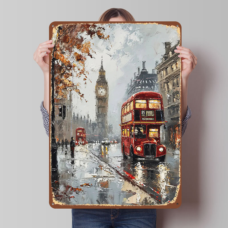 Retro Gaming London - Poster Logam Bus London, Seni Dinding
